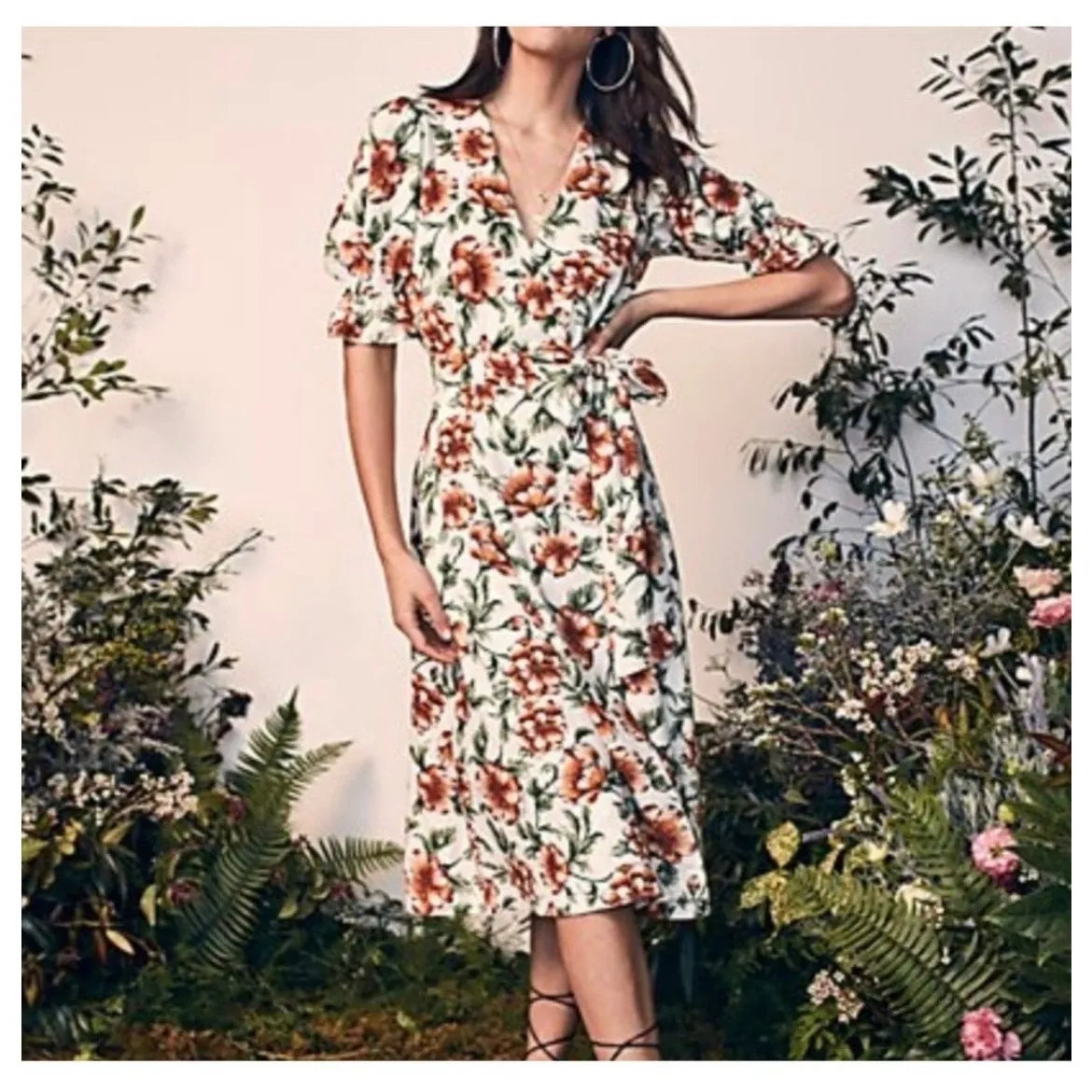 Happy X Nature Teagarden Floral Puff Sleeve Linen Wrap Midi Dress Small Coquette White - Image 14