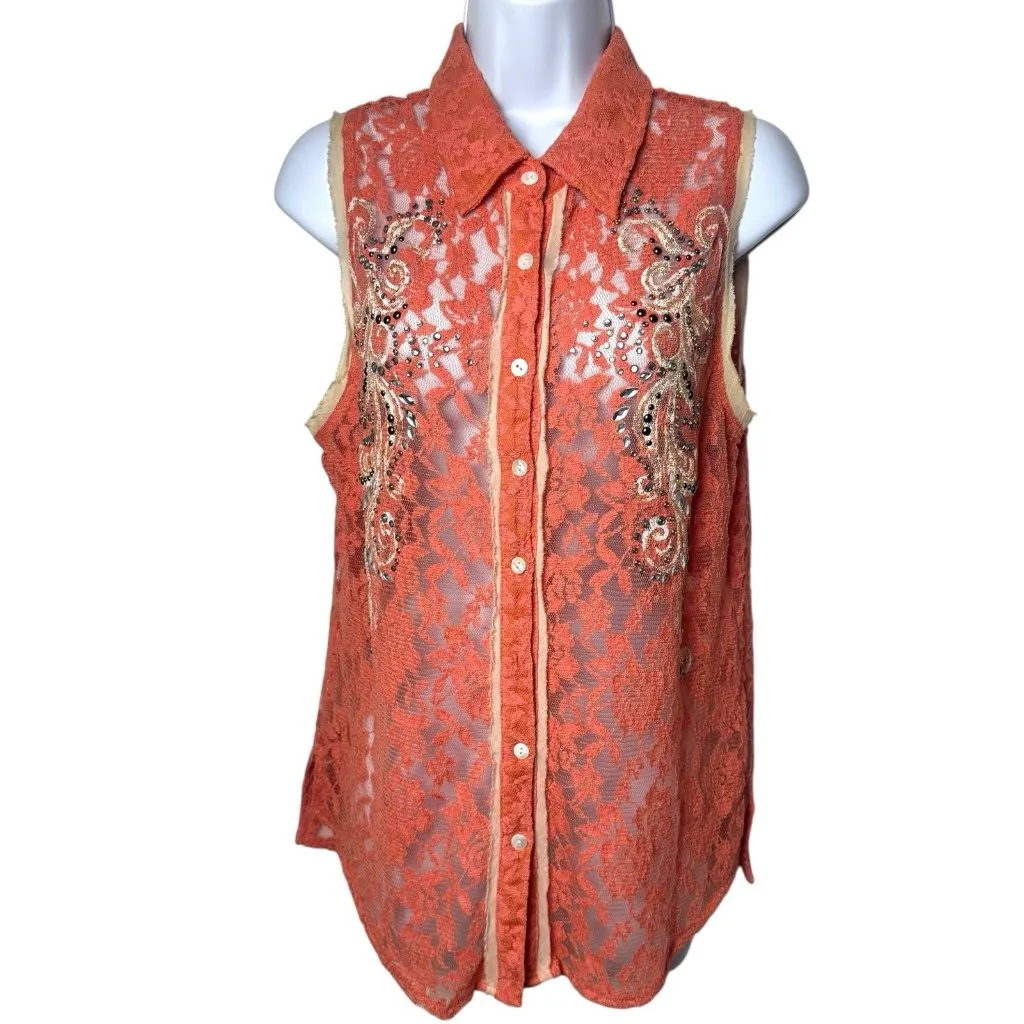 Y2K Miss Me Boho Rhinestone Lace Button up Blouse Cottagecore Rodeo Country L - Image 2
