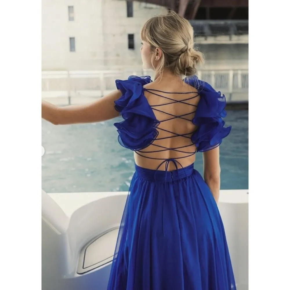 MAC DUGGAL Rosette Chiffon Cutout Empire Waist Gown in Cobalt Blue Size US 2 - Image 13