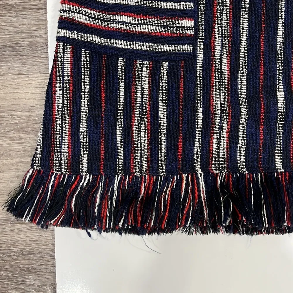 BCBG Kathy Navy Red White Striped Mini Dress Med Boucle Fringe Pockets Textured - Image 5