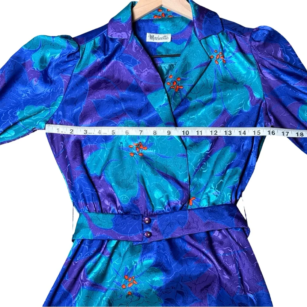 Vintage Floral Jacquard Belted Midi Dress Blue Teal Purple Women’s Small Retro - Image 3