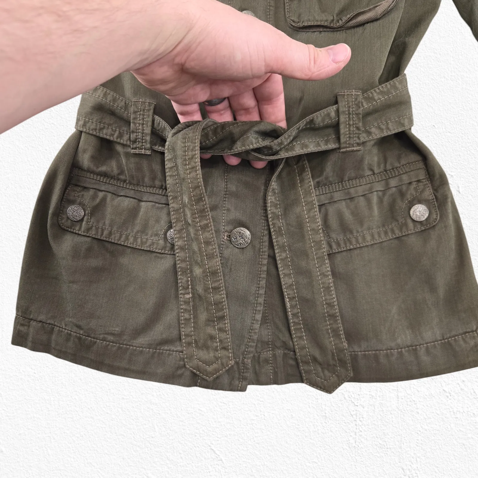 J. Crew Olive Green Utility Jacket Silk Blend Belted Military Style Size Small - Image 8