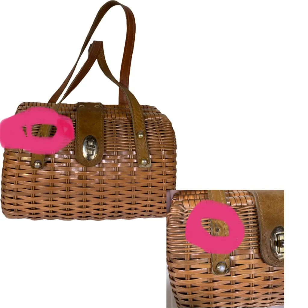 VINTAGE CIRCA 1960'S BROWN RATTAN AND LEATHER BASKET PURSE - Image 11