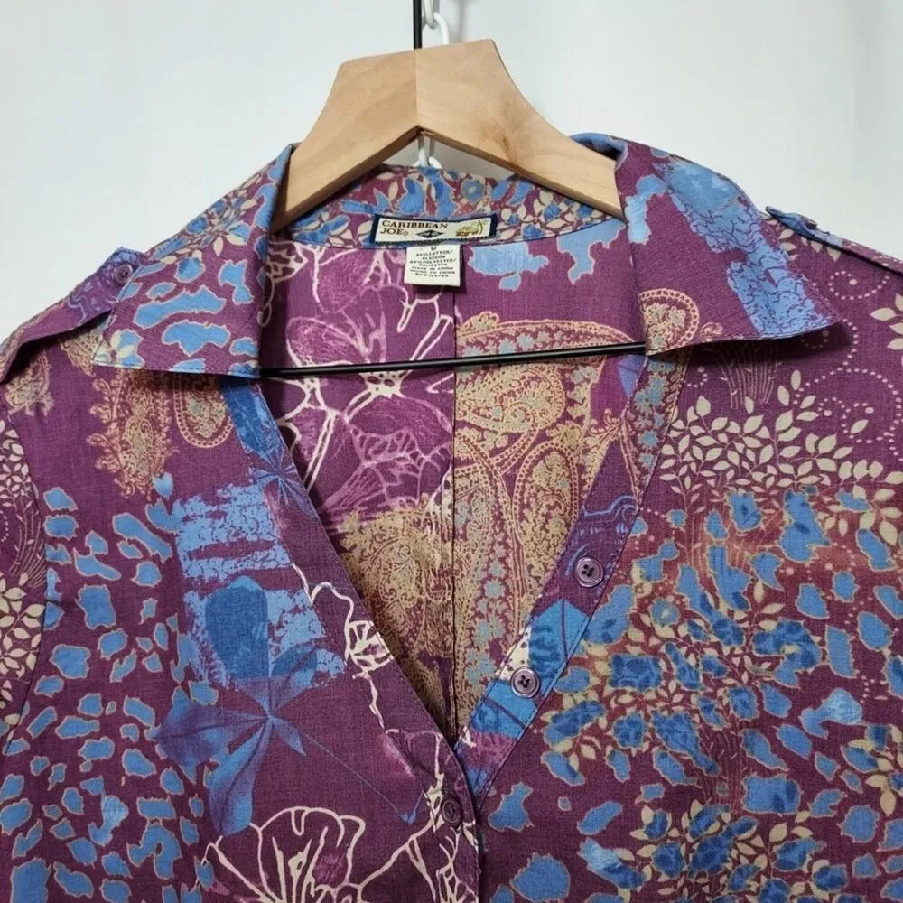 Caribbean Joe Purple Blue Floral Paisley Long Sleeve Button Up Shirt Blouse Top - Image 5
