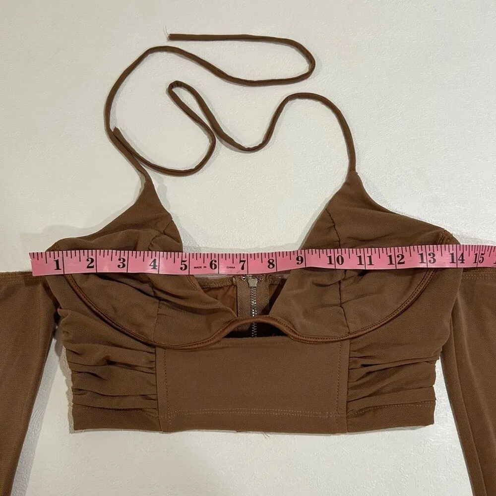 White Fox Brown Off Shoulder Corset Crop Top Size M Long Sleeve Bustier - Image 4