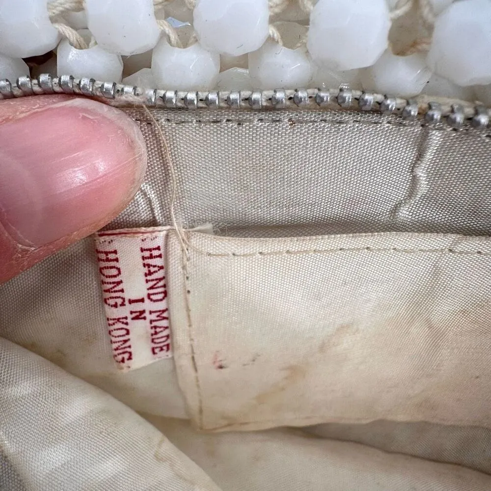 Vintage Women's Octagonal Softshell Beaded Top Zip Lined Clutch Bag White Mini - Image 6