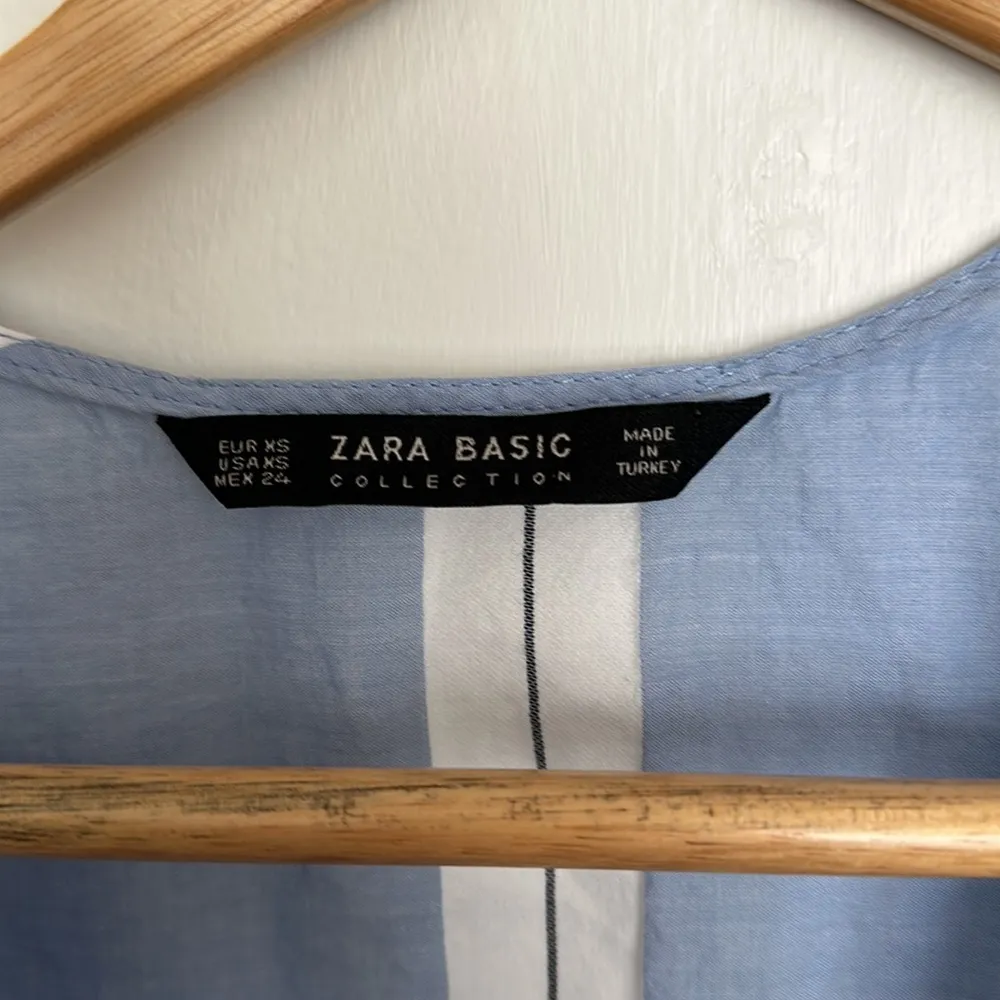 Zara Basic Collection Chambray Striped Faux Wrap Drawstring Crop Top - Image 2