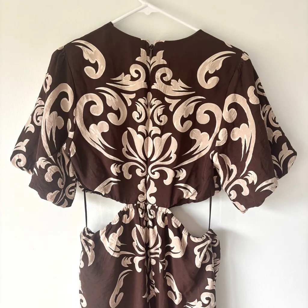 Abercrombie & Fitch Short Puff Sleeve Cutout Maxi Dress Brown Tan Floral Pattern - Image 13