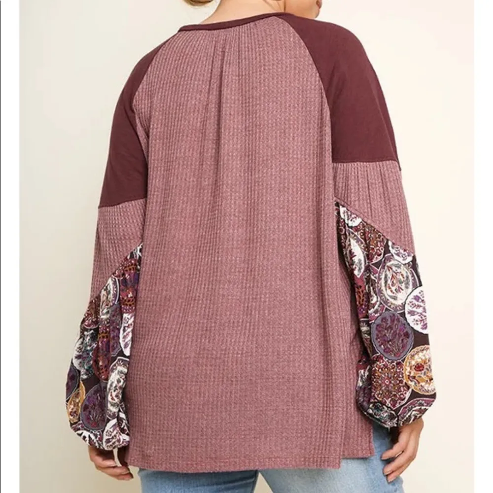 Umgee  Waffle Knit Balloon Sleeve Sweater Top Sz Large Boho Patchwork - Image 3