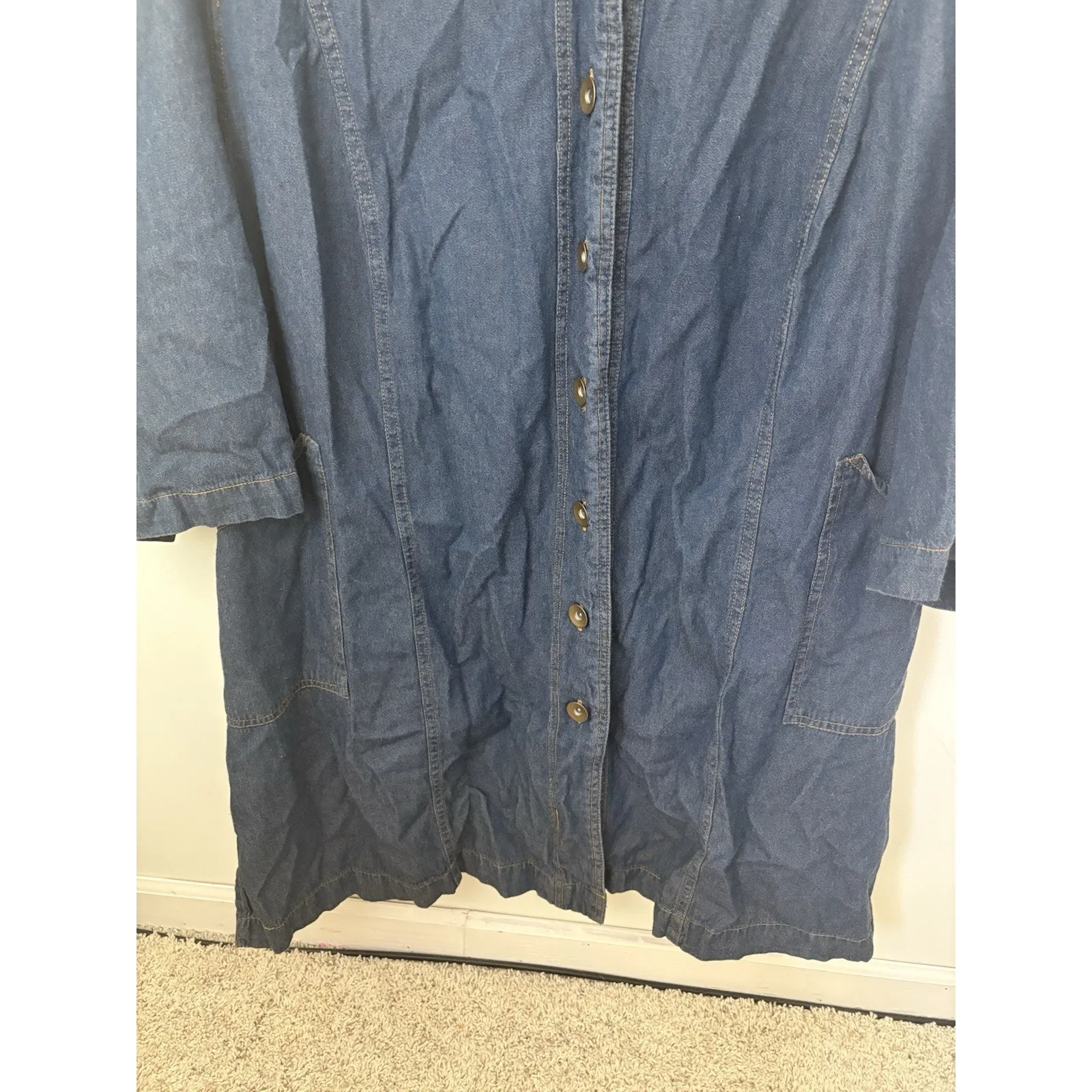 Ellos Womens Size 34W Chambray Tunic Shirt Dress Button Front Pockets 3/4 Sleeve Blue - Image 2