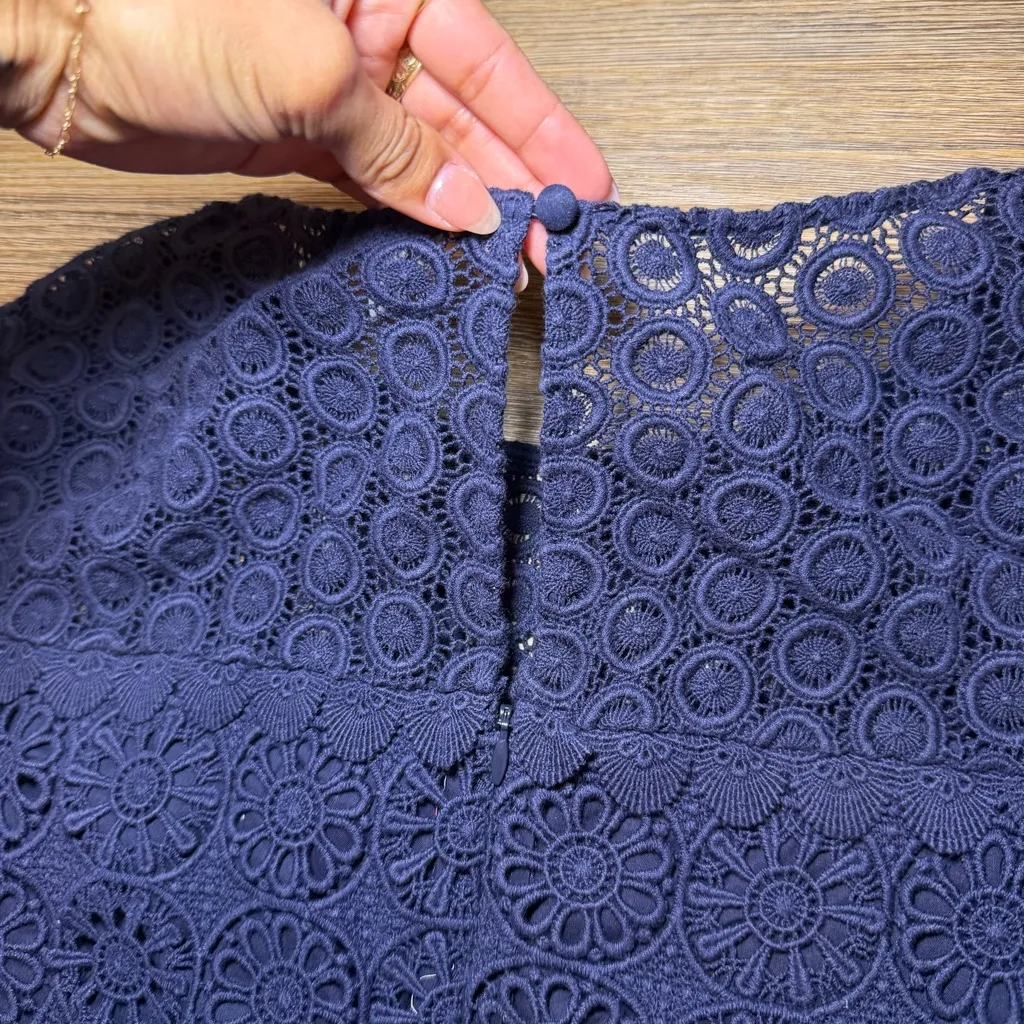 Boden Navy Lace Mini Dress 10R Scalloped Hem Keyhole Back Lined Cotton Blue Size 10 - Image 10