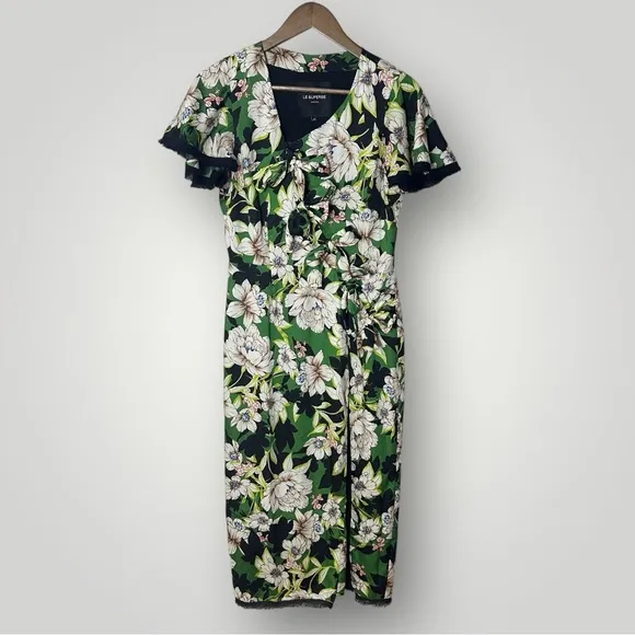 Le Superbe Gardenia Floral Midi‎ Dress Size 4 Green Black Tie Front Slit - Image 5