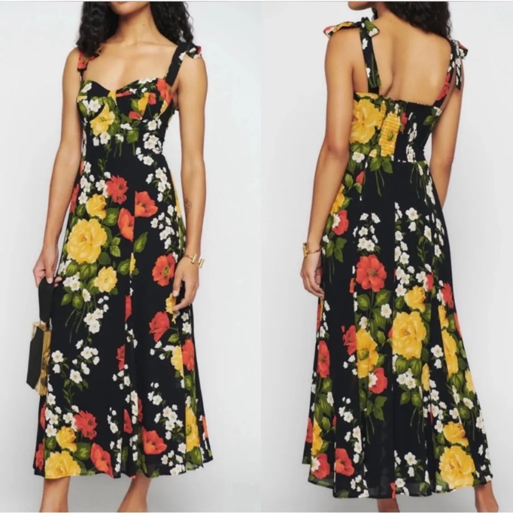 Reformation Nadira Midi Dress Louisa Floral Tie Straps Size 8 Black Vacay Beachy - Image 2