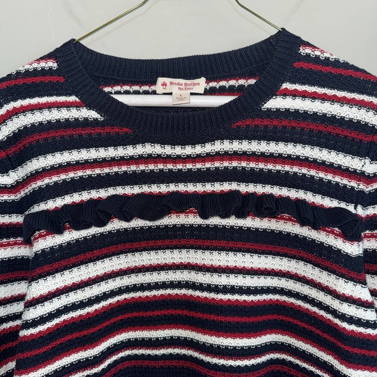Brooks Brothers Striped Pointelle Cotton Sweater Size L Blue Red White - Image 5