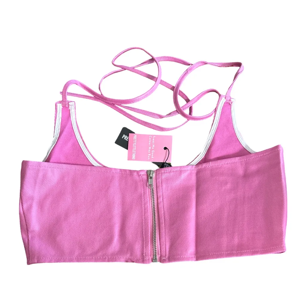 PRETTYLITTLETHING Ring Detail Coated Denim Tie Bralette - Image 2