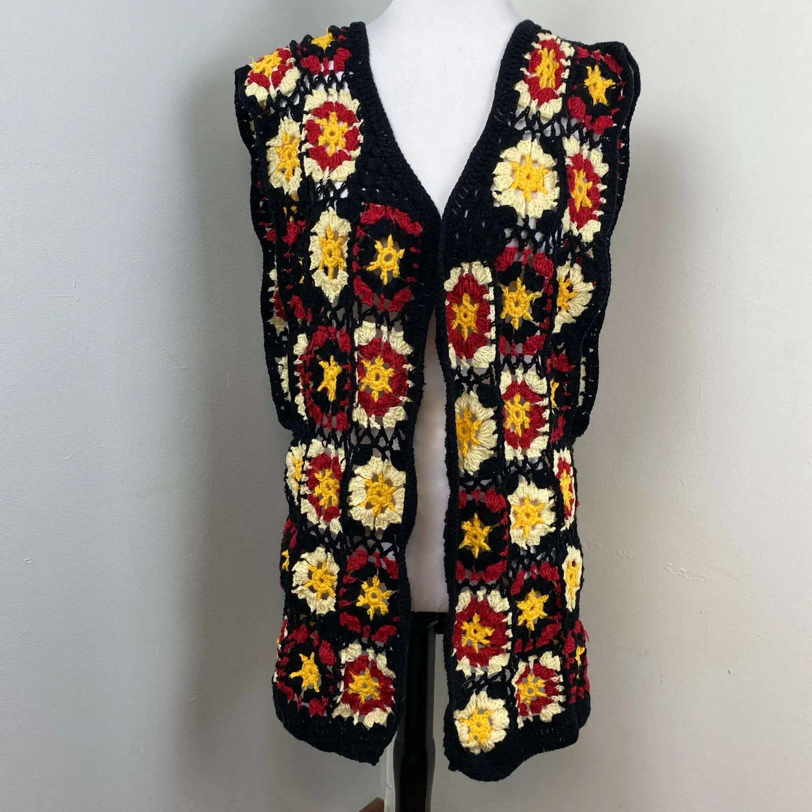 Lakhays Crochet Flower Garden Granny Square Kimono Open Cardigan S/M Cottagecore Black Size M - Image 5