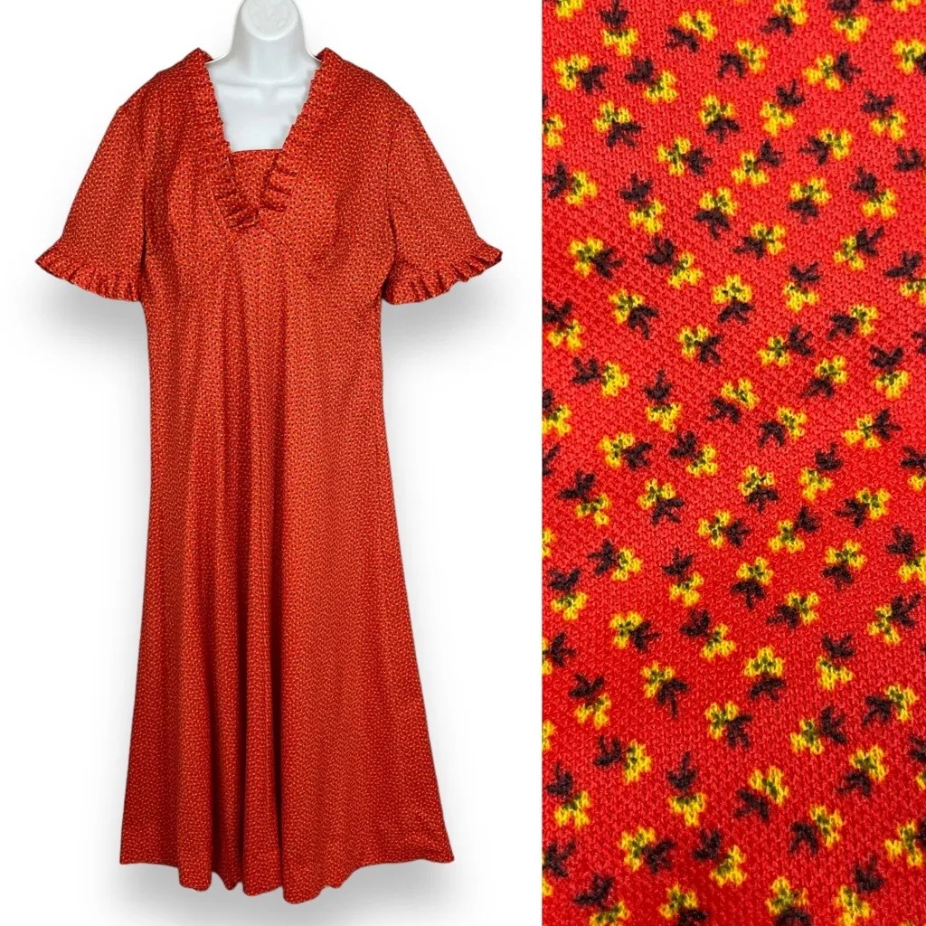 Vintage Prairie Dress 70s Calico Orange Maxi Plus‎ Size Retro Short Sleeve Retro - Image 2