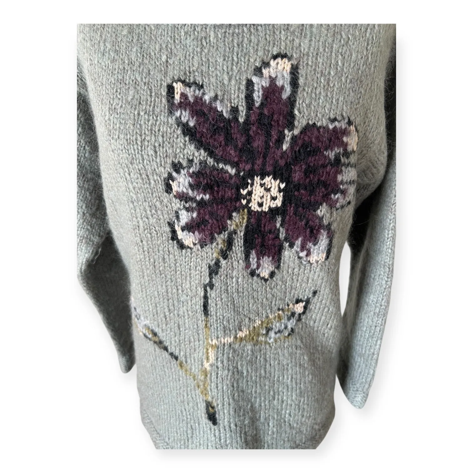 Garnet Hill Chunky Green Mohair Wool Hand Knit Sweater Floral Women's Small Cozy - Image 5