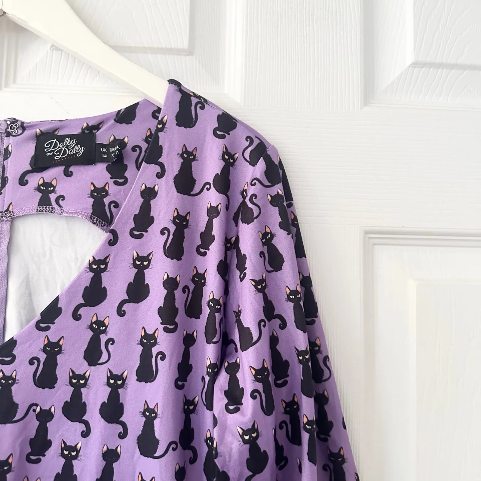Dolly and Dotty Unique Vintage Purple Billie Black Cat Print Midi Flare Dress 10 - Image 6