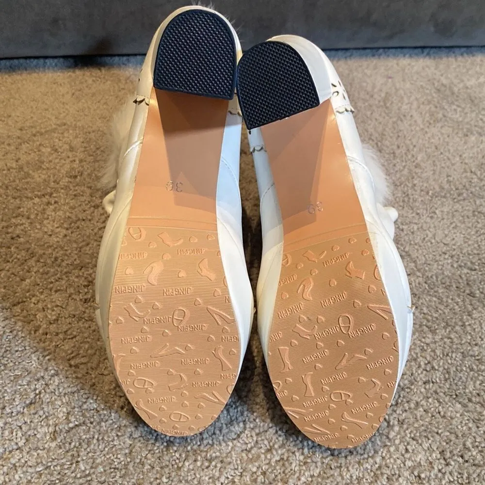 Women’s White Chunky High Heeled Boots Faux Fur Trim Size 39EU (8.5 US) NEW - Image 7