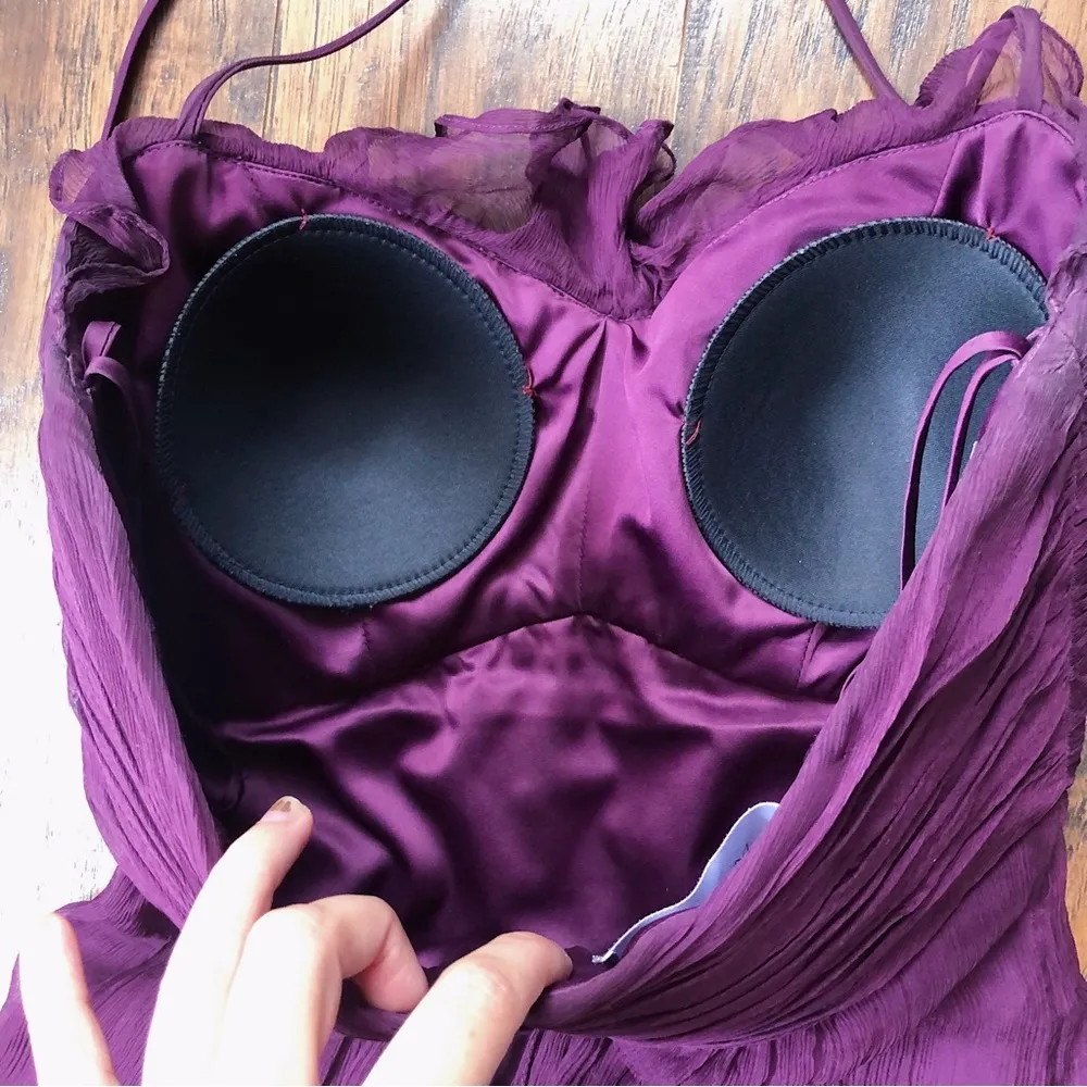 Amsale • plum silk chiffon dress bridesmaid crinkle halter purple formal G425C Size 4 - Image 10