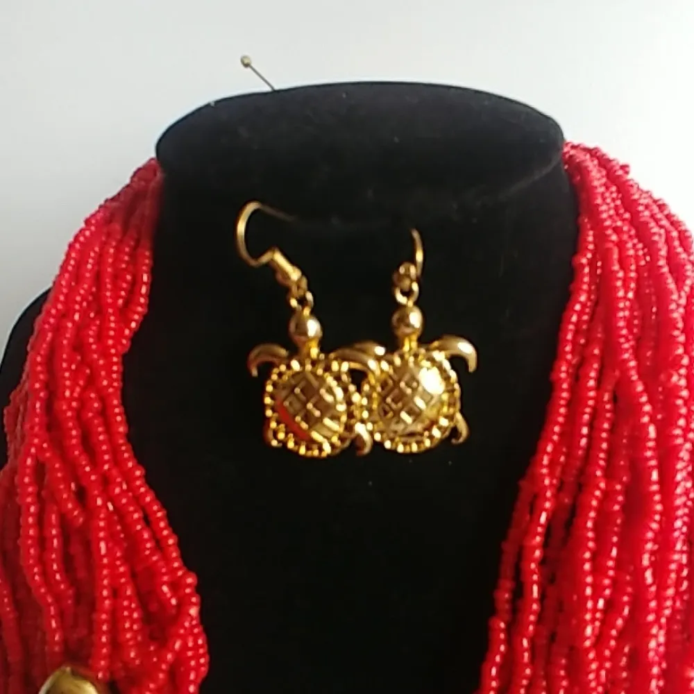 Bold Multi Strand Red Seed Bead Necklace with Turtle and Earrings Set - Image 4