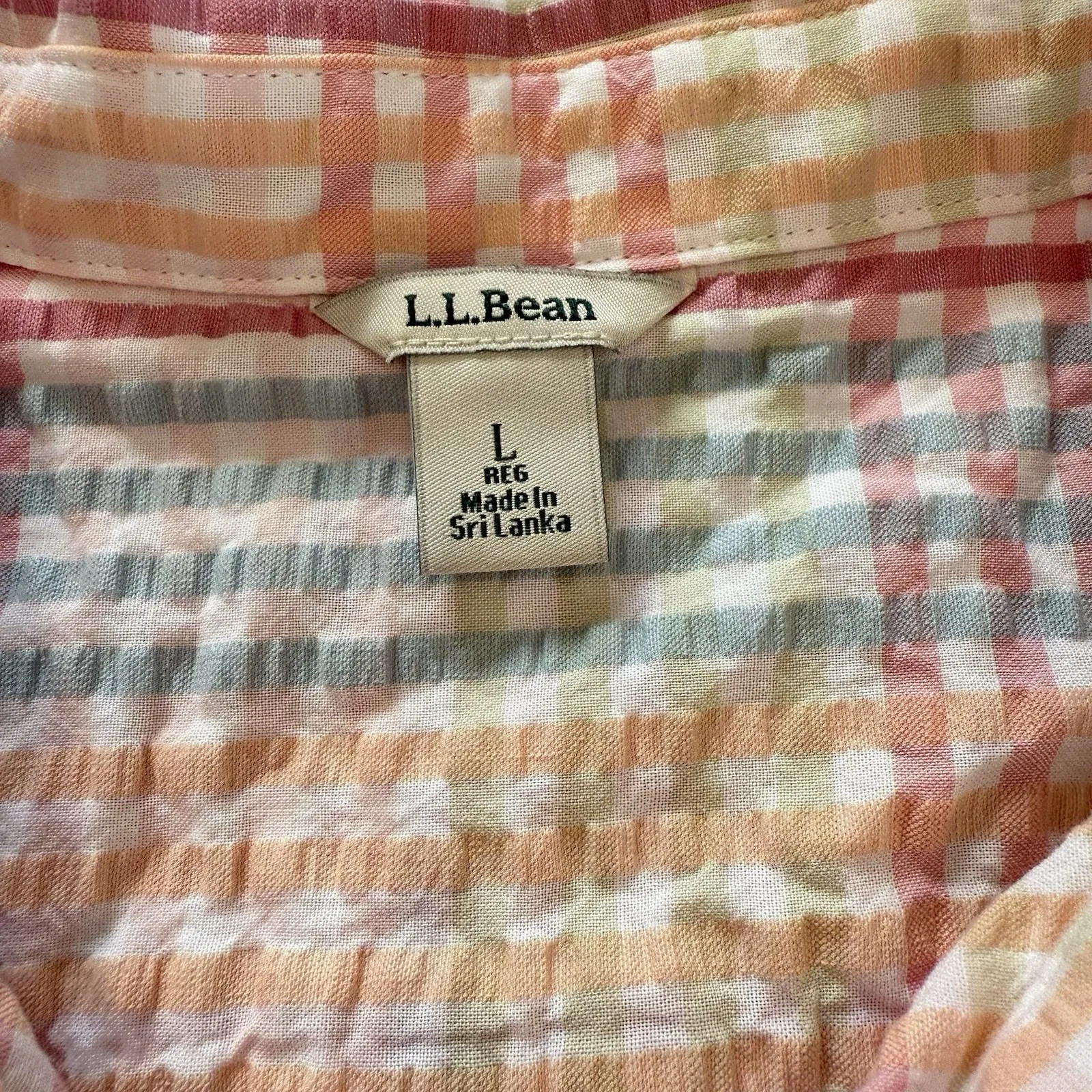 LL Bean Vacationland Seersucker Short‎ Sleeve Popover Plaid Shirt Size LARGE - Image 6