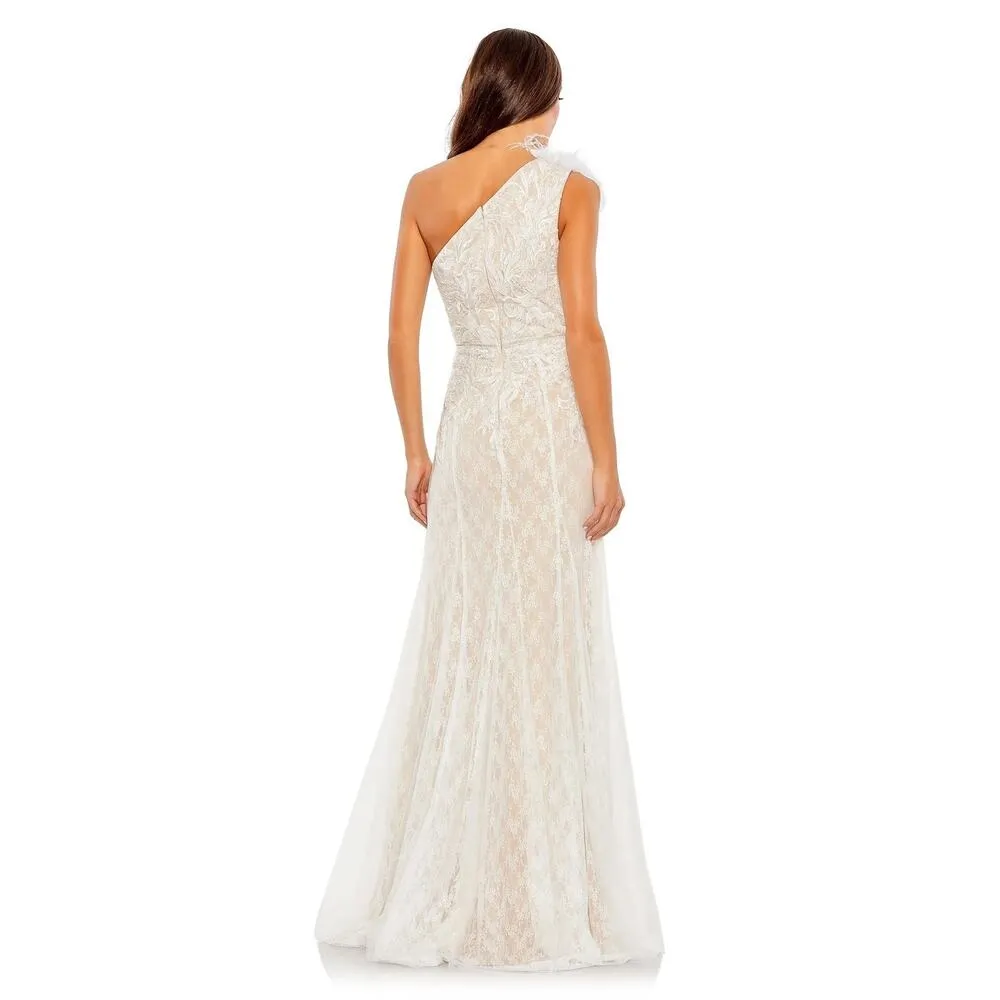 Mac Duggal NWT Asymmetrical One Shoulder Feather Accented Dress in Ivory Size 10 - Image 2