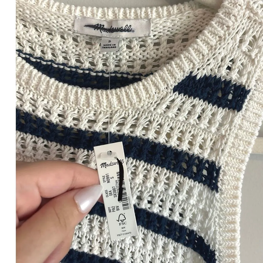 Madewell Crochet-Knit Crewneck Sweater Tank In Bright Ivory Navy Size Small - Image 4