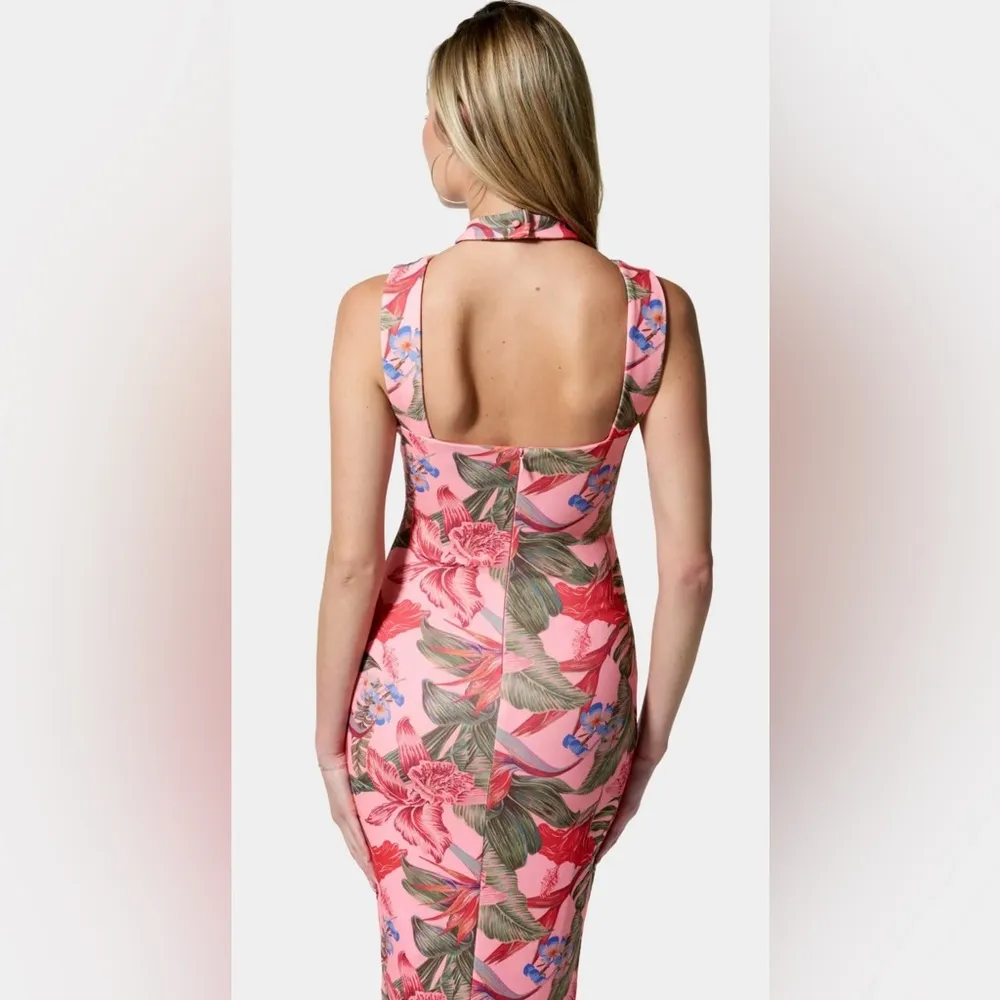 NWT BEBE Bodycon Halter Pink Tropical Dress Size L - Image 2