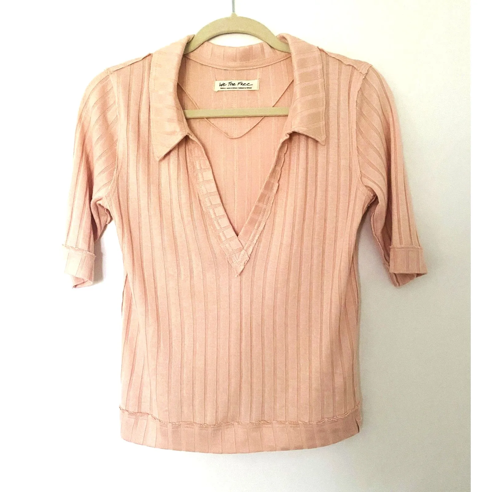 Free People We The Free Peach Krystal Ribbed Elbow Sleeve Collared Polo Shirt S - Image 2