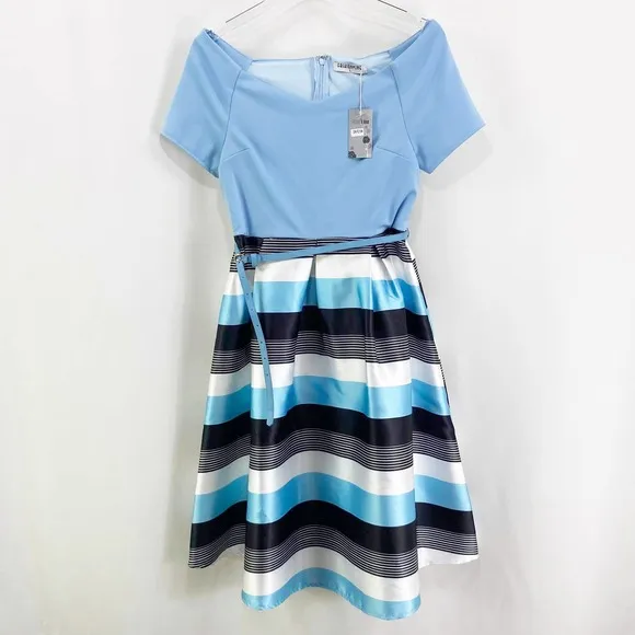 FASHION LINE Vintage 90s Blue Striped Off Shoulder V - Image 2