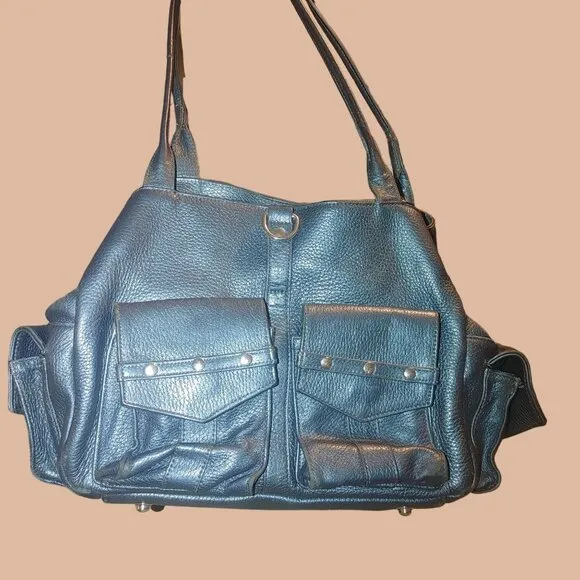 Botkier Metallic Teal Leather Tote Bag With Dual Front Pockets & Snap Closure - Image 2