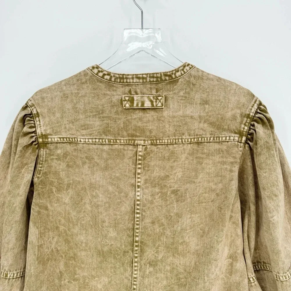 Ulla Johnson Wesley Cotton Denim Tunic Mini Dress 0 Oasis Khaki Balloon Sleeve - Image 12