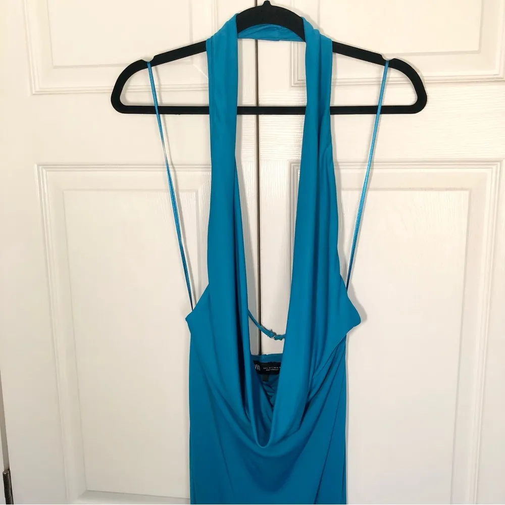 Zara Electric Blue Long Draped Cowl Neck Halter Dress Size S - Image 5