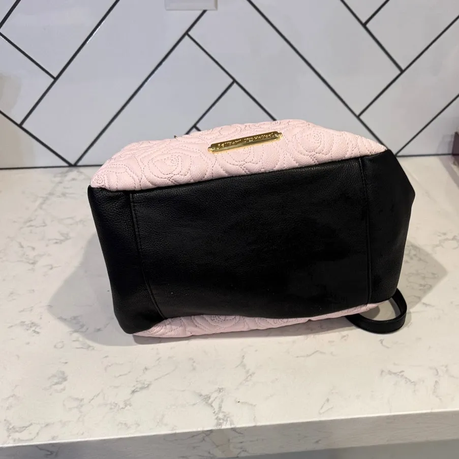 Betsey Johnson faux leather satchel quilted rose pattern striped bow pink black - Image 6