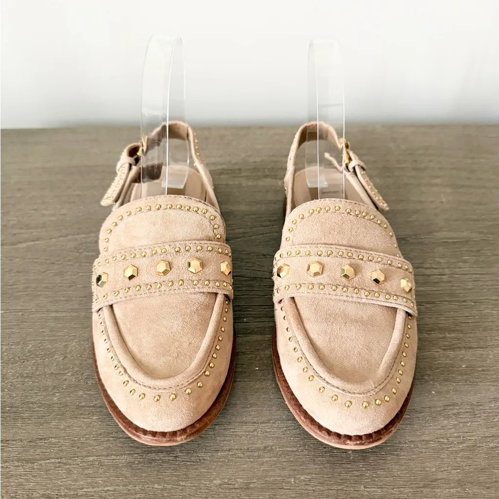 Dolce Vita Hardi Stud Sling Back Loafer in Camel Faux Suede Gold Studs Size 7 Tan - Image 3