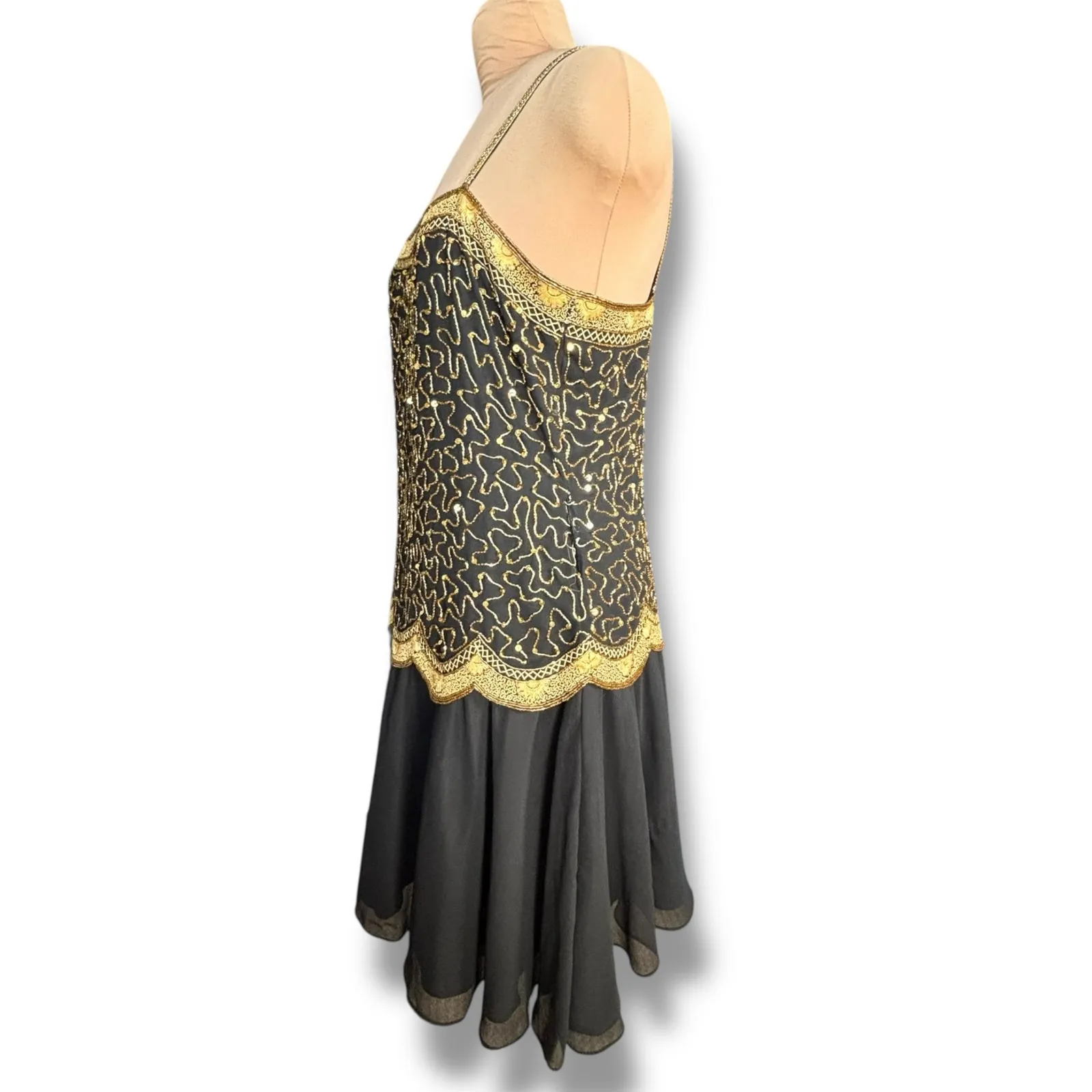 Vintage Beaded Drama Black Gold Drop Waist Sequin Cocktail Dress Sleeveless 4 Size M - Image 5
