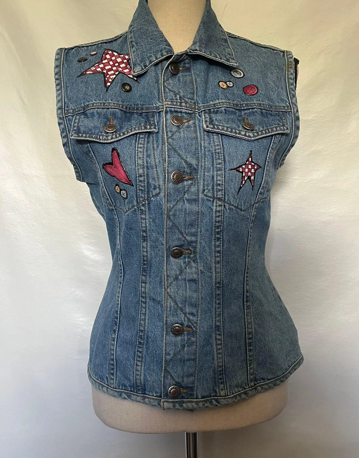 Vtg County Seat Denim Womens Vest Sz S Y2K Moon Stars Boho Western Cottagecore Blue - Image 16