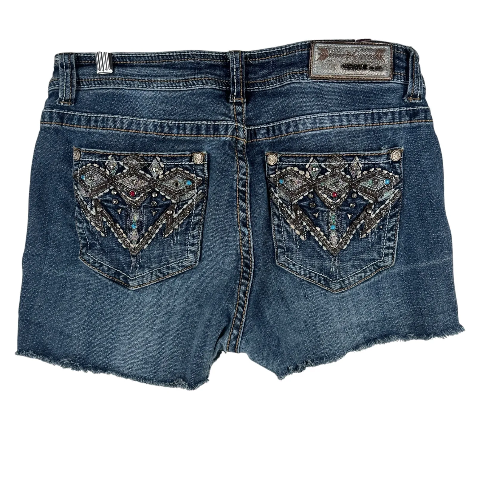 Grace in LA Denim Shorts Embellished Frayed Hem Blue Size 29 Heavy Stitch‎ Y2K - Image 2