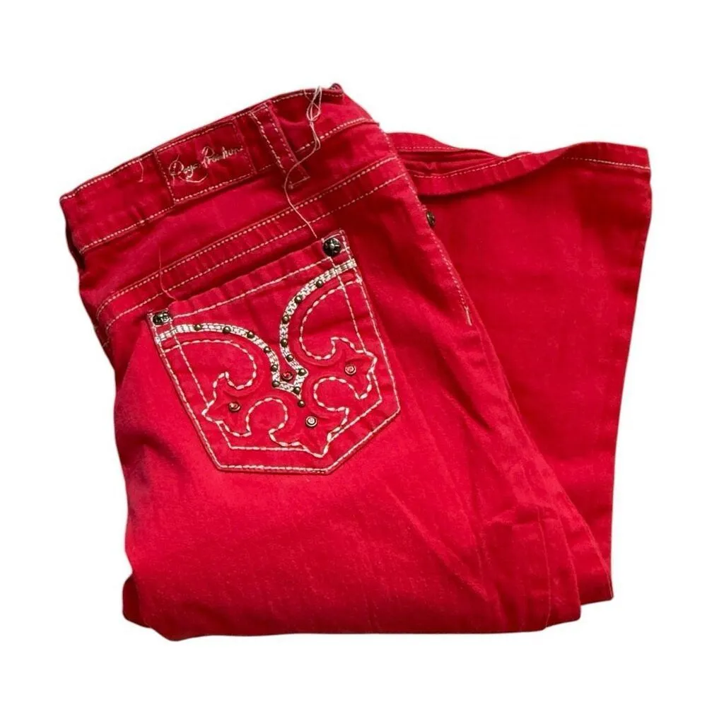 Womens Royal Premium Red Cropped Stitched and Grommet Pocket Jeans - Image 2