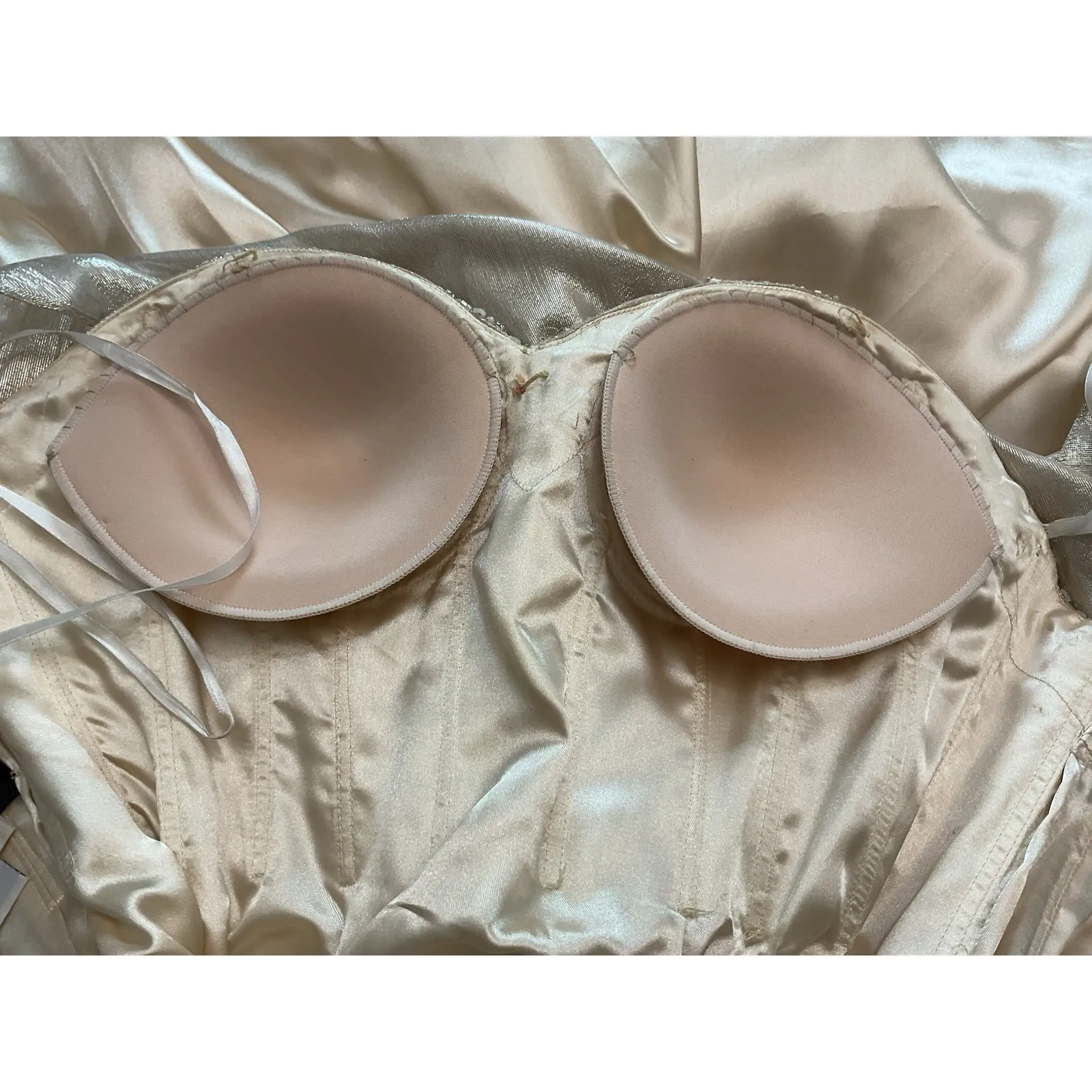 Mac Duggal Couture Beaded Strapless Gown Womens 4 Champagne Lace Mermaid Formal - Image 9