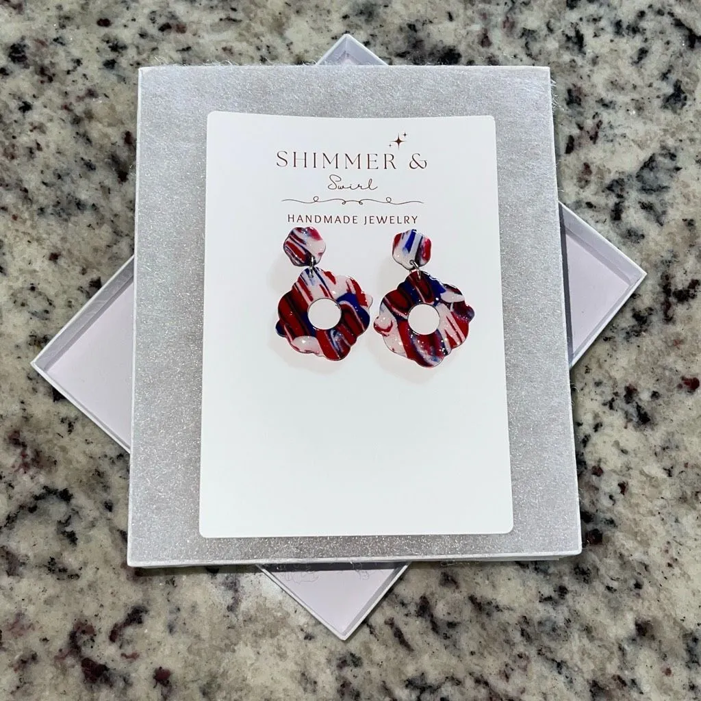 Handmade Polymer Clay Dangle‎ Earrings Lightweight, Patriotic, Red white blue - Image 3