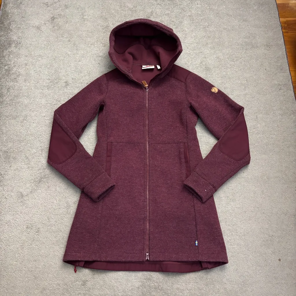 Fjallraven Ovik Wool Mid Length Full Zip Hooded Jacket Burgundy - Image 3
