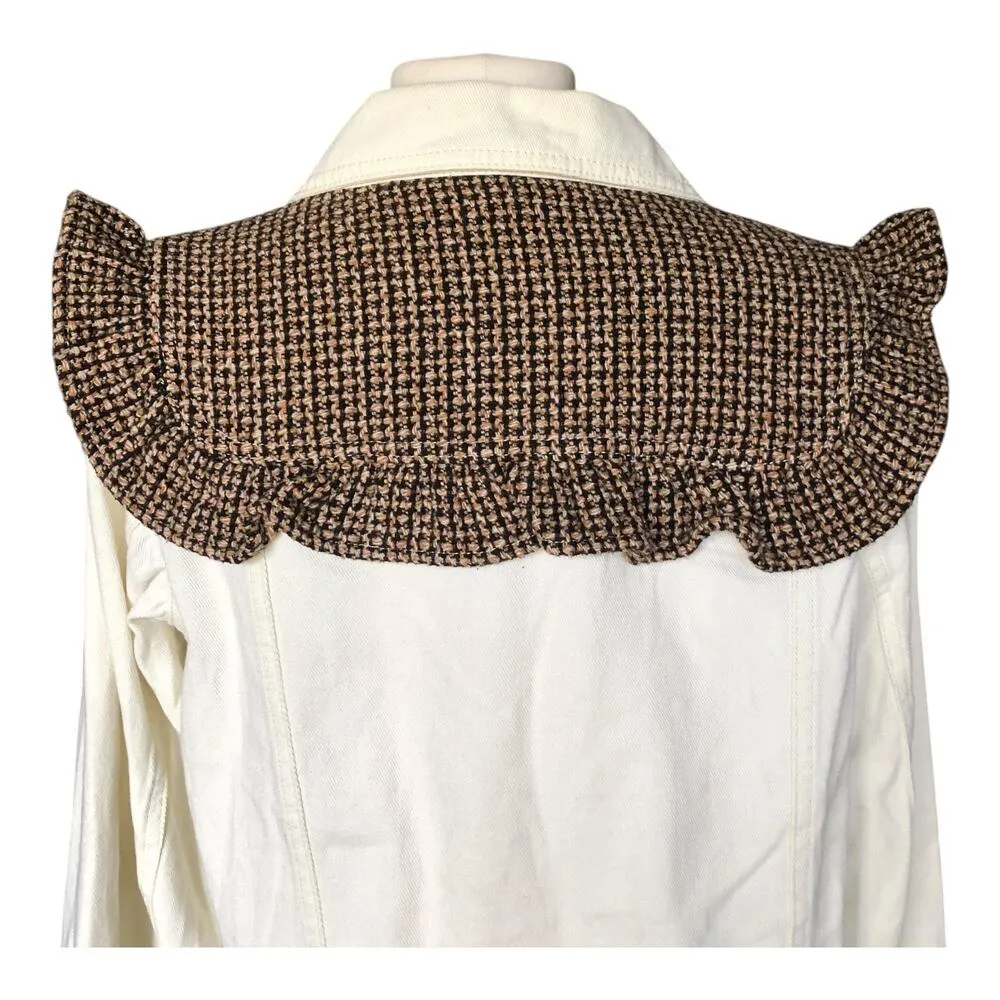 POL White Denim Jacket Ruffle Tweed Collar Frayed Hem Button Front Size Small - Image 5