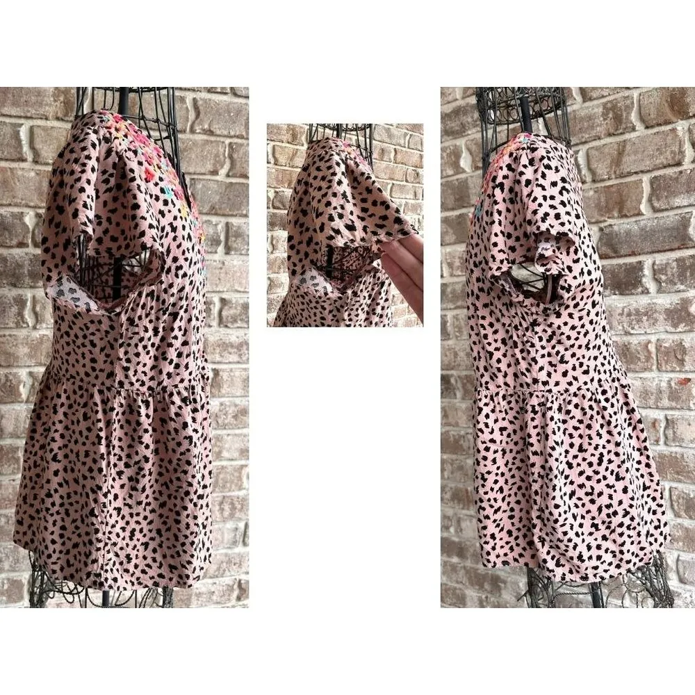 Savanna Jane Leopard Print Blouse Sz S Embroidered Artsy Flowy Sleeves Boho Fest Black - Image 9