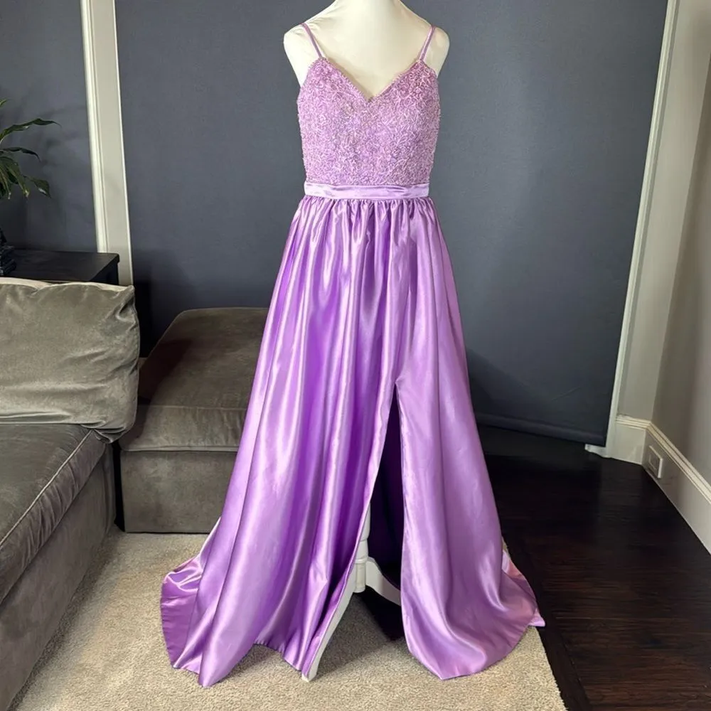 Women’s Purple Spaghetti Strap FullLength Satin Lace Appliqué Party Dress Size 6 Purple - Image 3