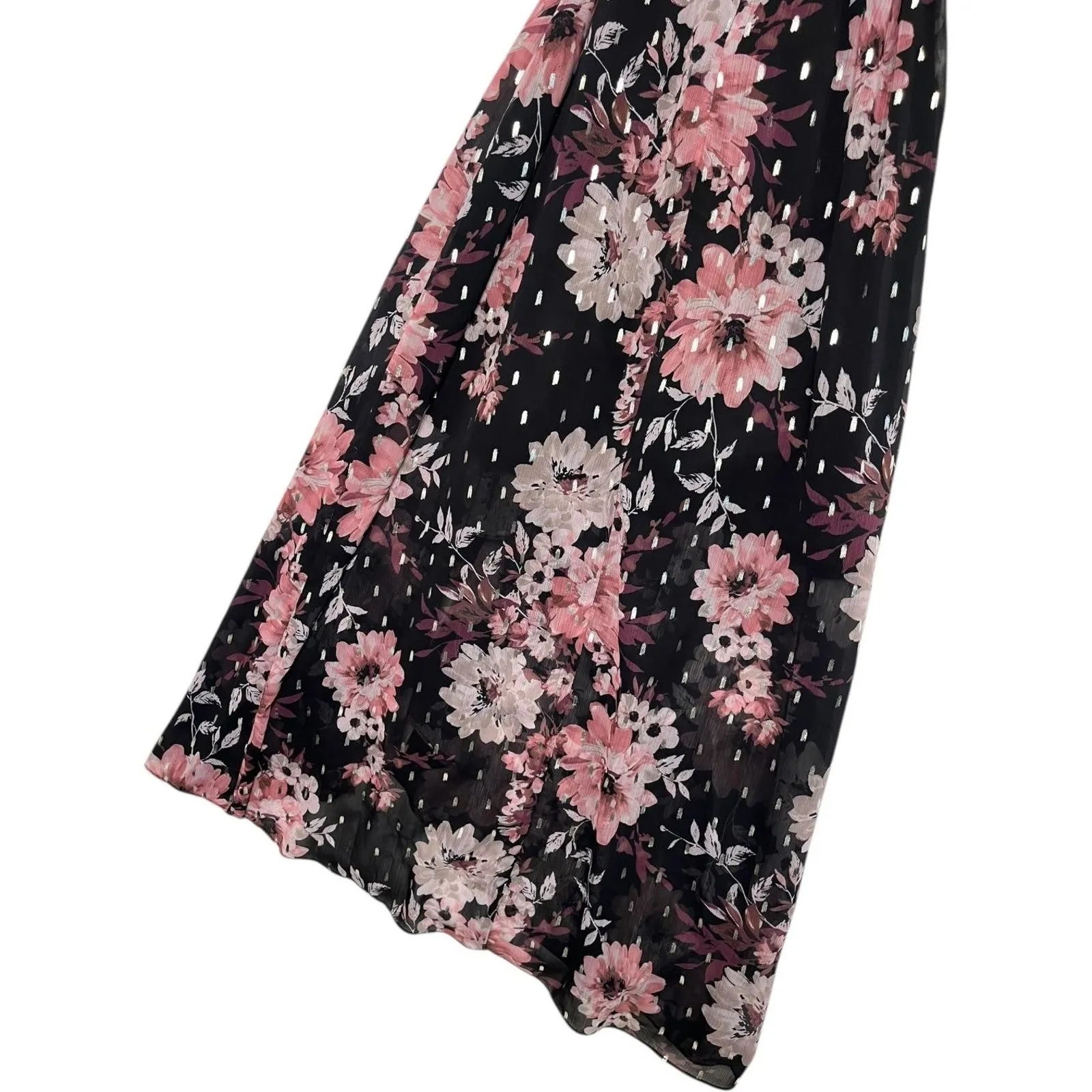 Eliza J Dress Womens 6 Black Pink Floral Maxi Wrap Chiffon Metallic Wimsigoth - Image 13