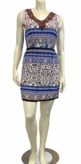 LOTS OF LOVE Women’s Sz XL Sleeveless Empire Waist Blue Brown White Geo Dress - Image 1
