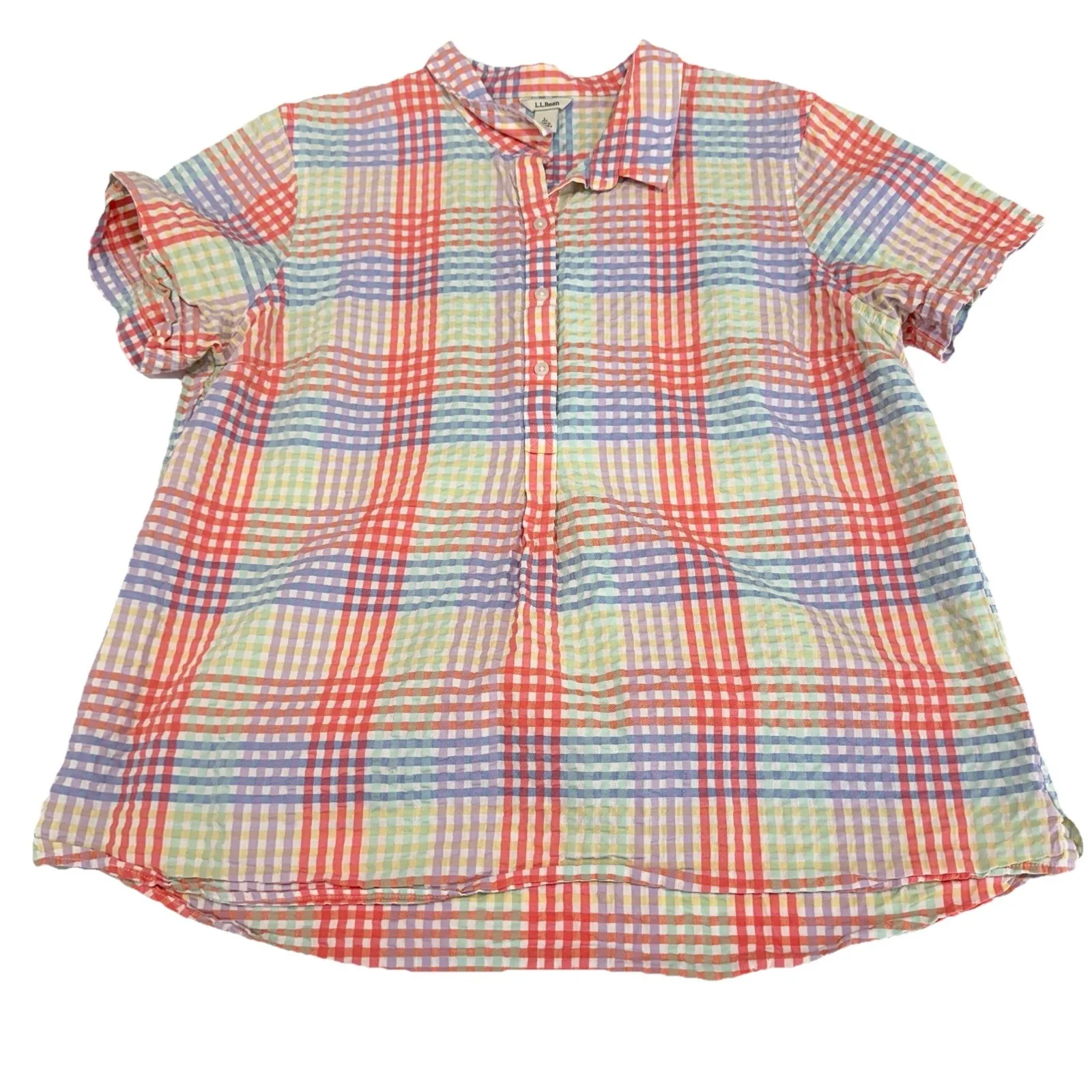 LL Bean Vacationland Seersucker Short Sleeve Colorful Plaid Popover Shirt LARGE - Image 5